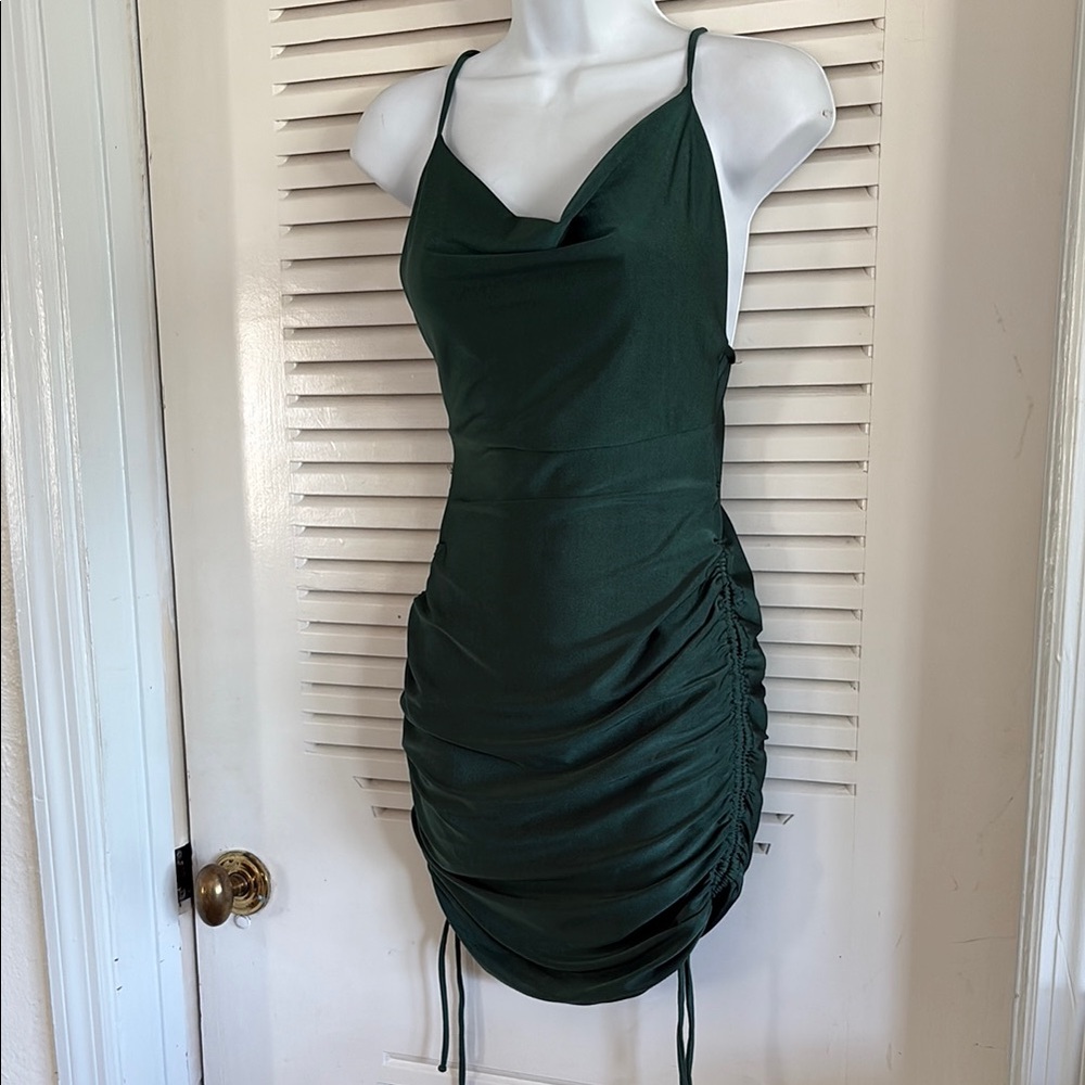 Green Asymmetrical Ruched Mini Dress